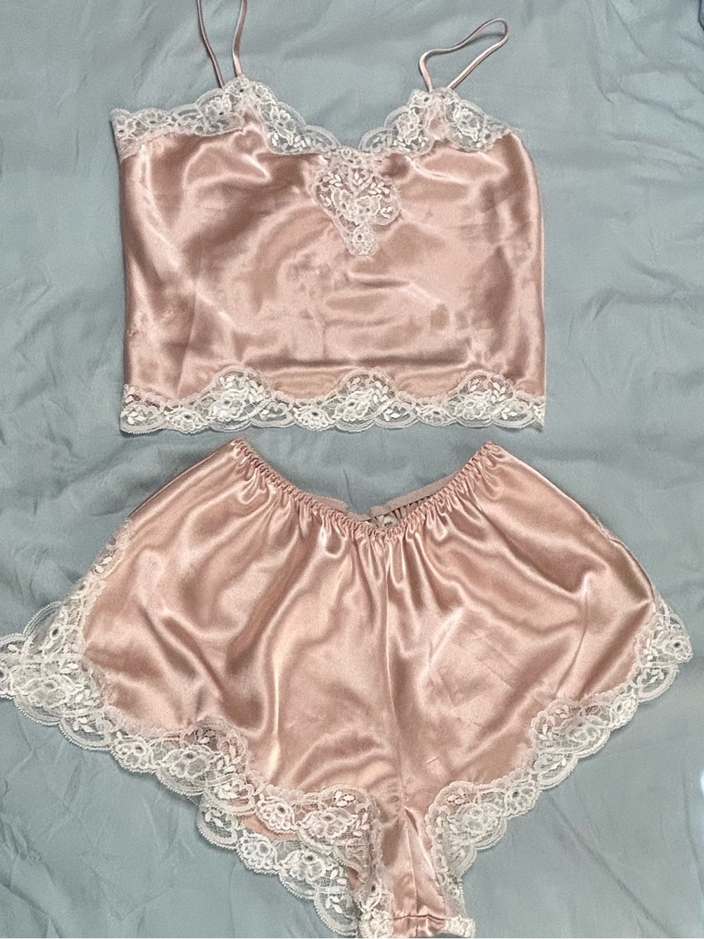 Victoria's Secret Blush Pink Satin Lace-Trim Cami & Shorts Set